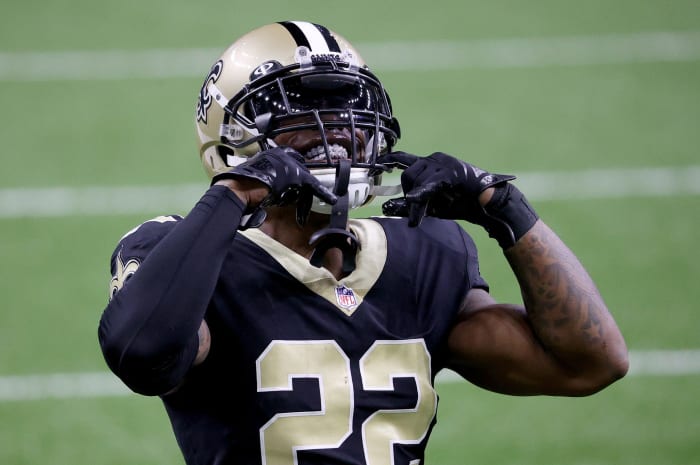Chauncey Garnder-Johnson of the Saints celebrates.