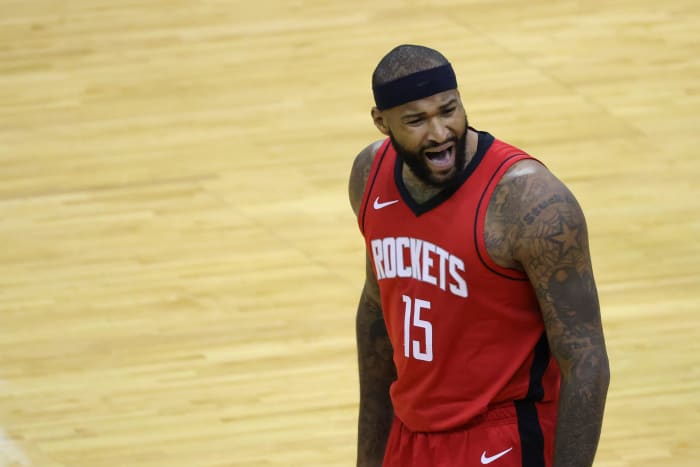 DeMarcus Cousins reacts to a call during a Houston Rockets game.
