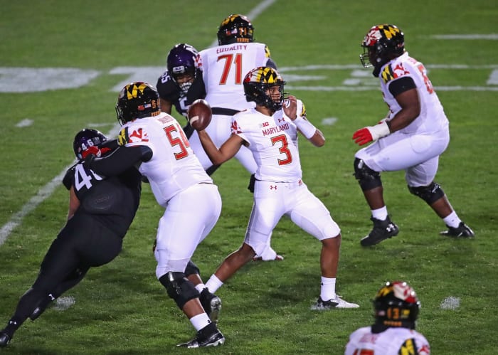 Maryland quarterback Taulia Tagovailoa behind center.