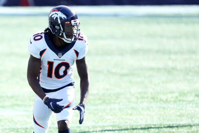 Denver Broncos wide receiver Jerry Jeudy lines up for a play.