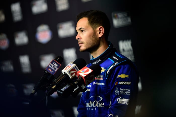 Kyle Larson speaks with the media during the NASCAR Cup Series 62nd Annual Dayton 500.