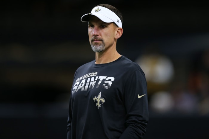 A close up shot of New Orleans Saints defensive coordinator Dennis Allen.