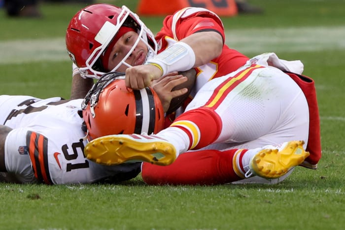 Chiefs quarterback Patrick Mahomes on the turf.