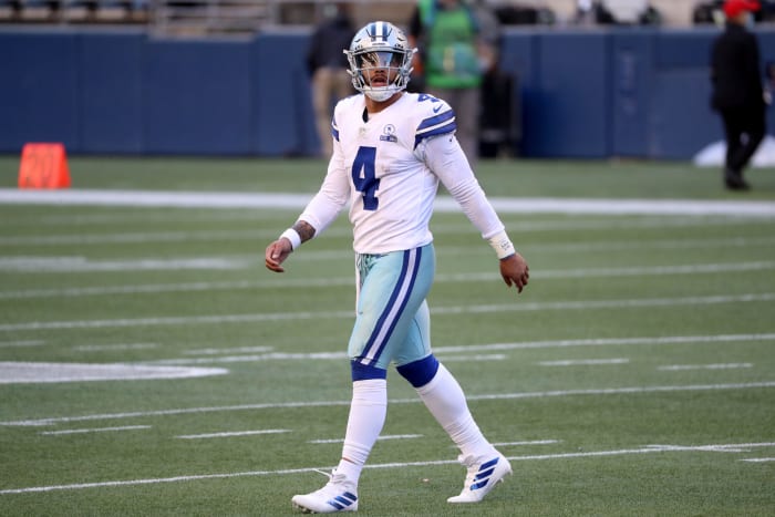 Dallas Cowboys quarterback Dak Prescott on the field in Seattle.