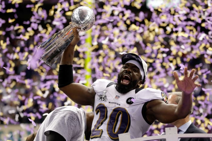 Baltimore Ravens safety Ed Reed celebrates Super Bowl victory.