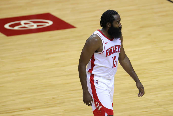 Houston Rockets guard James Harden on the floor.