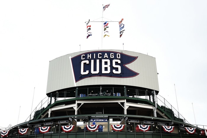 Exterior view of Wrigley Field during a Cubs game.