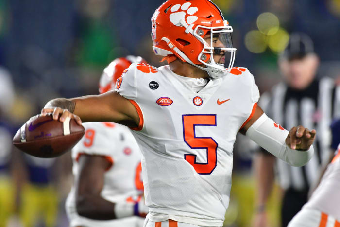 Clemson quarterback D.J. Uiagalelei throws a pass during a game against Notre Dame.