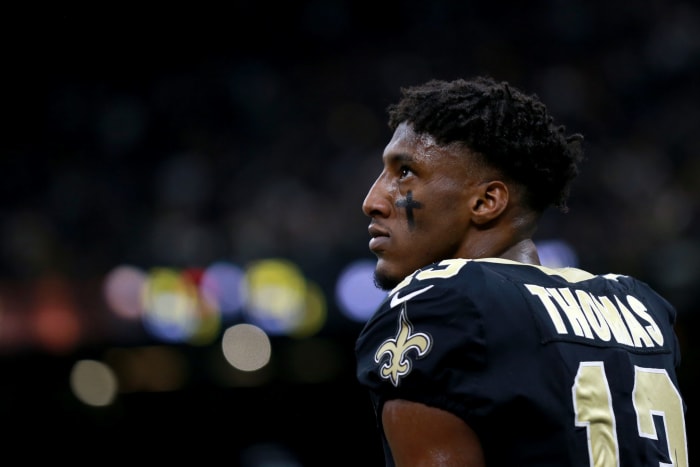 A closeup of Michael Thomas during a New Orleans Saints game.