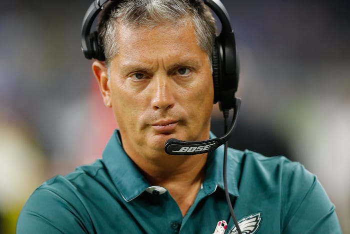 Philadelphia Eagles defensive coordinator Jim Schwartz looks on.