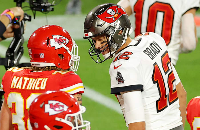 Tom Brady and Tyrann Mathieu at the Super Bowl.