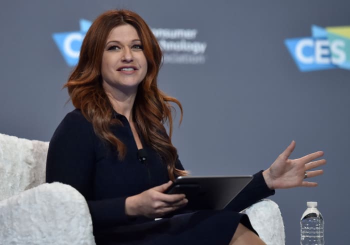 Rachel Nichols speaking at a press event.