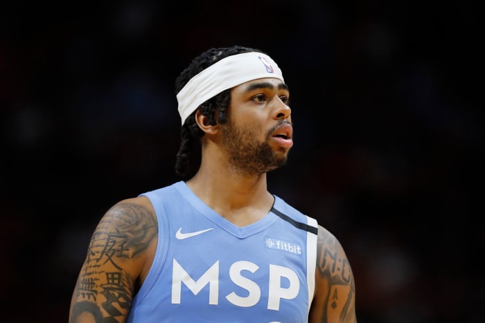 D'Angelo Russell looks on for the Timberwolves.
