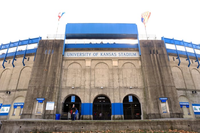 An exterior view of Kansas' football stadium.