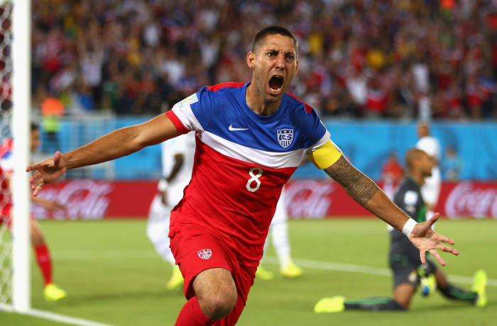 United States soccer player Clint Dempsey celebrating a goal.