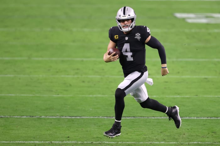 Las Vegas Raiders quarterback Derek Carr on the field.