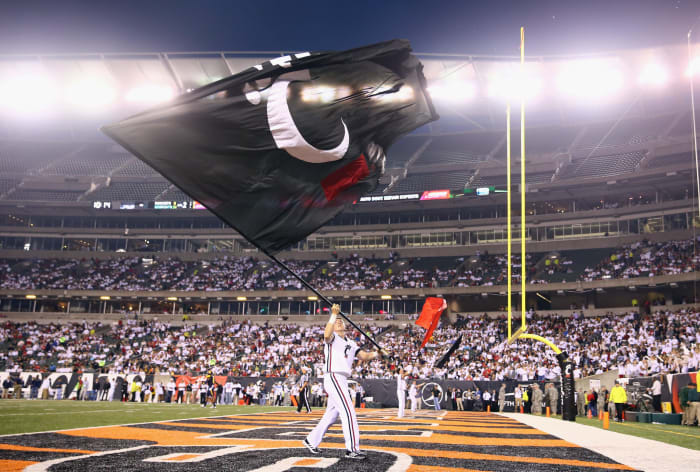 A Cincinnati Bearcats cheerleader performing at a game.