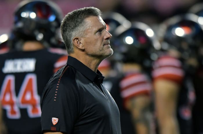A closeup of Utah football coach Kyle Whittingham.