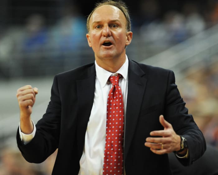 A closeup of Thad Matta during an Ohio State basketball game.