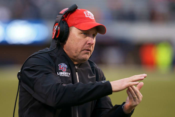 Liberty football head coach Hugh Freeze calls a timeout.