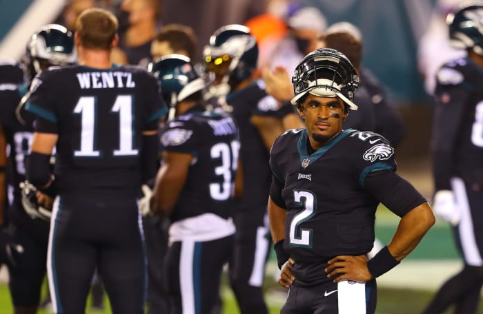 Jalen Hurts on the sidelines for the Eagles.