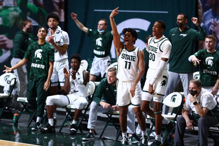 Michigan State basketball celebrating on the bench
