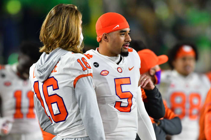 Clemson quarterback DJ Uiagalelei with Trevor Lawrence.