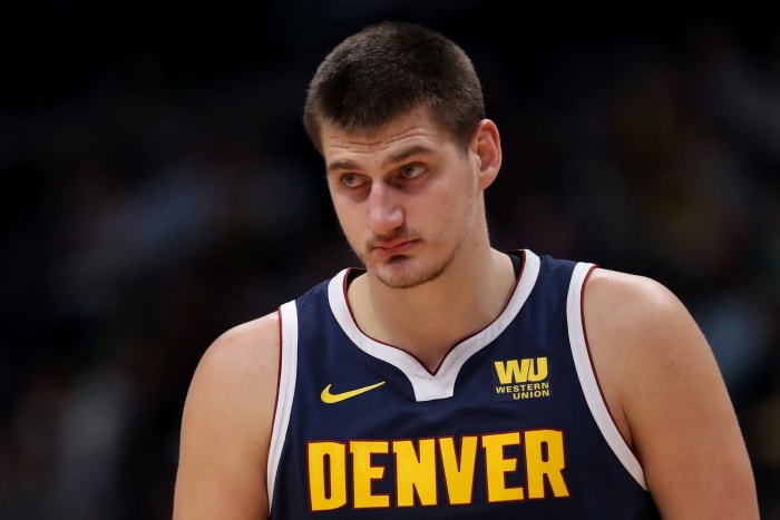 A closeup of Nikola Jokic taken during a game.