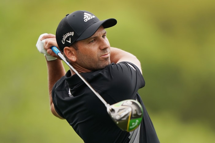 Sergio Garcia swinging the golf club.