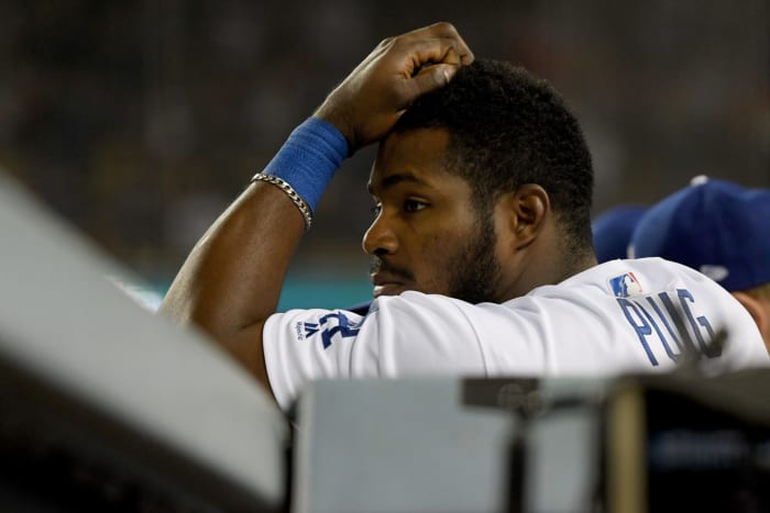 Yasiel Puig playing for the Dodgers.