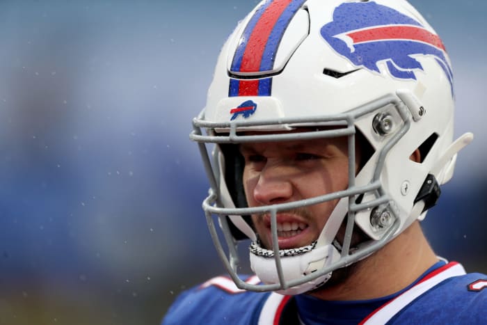 Buffalo Bills quarterback Josh Allen looks onto the field.
