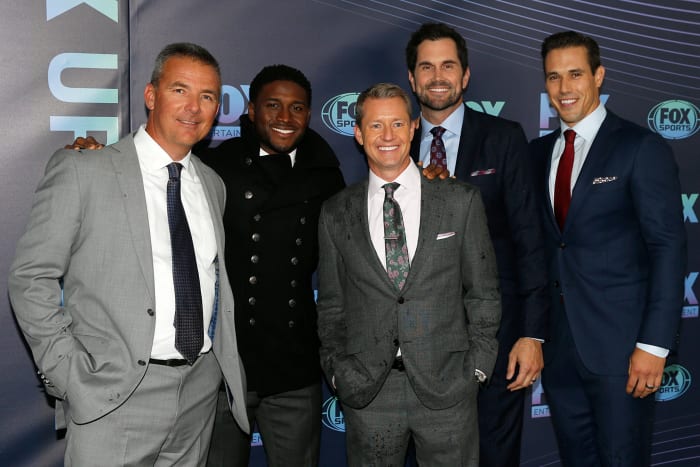 FOX Big Noon Kickoff crew including Reggie Bush, Matt Leinart, and Urban Meyer in New York.