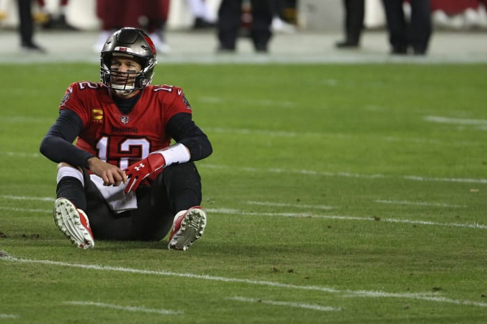 Tampa Bay Bucs quarterback Tom Brady on the field.