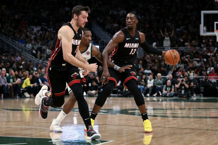Bam Adebayo and Goran Dragic during a Miami Heat game.