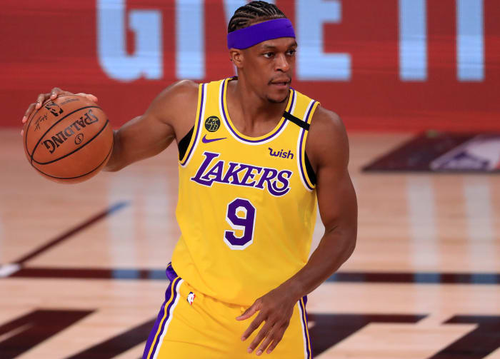 Los Angeles Lakers point guard Rajon Rondo on the floor.