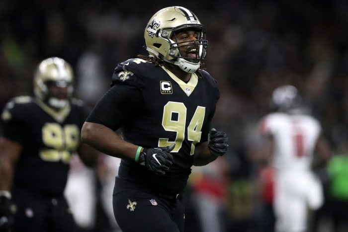 A closeup of Cameron Jordan during a New Orleans Saints game.