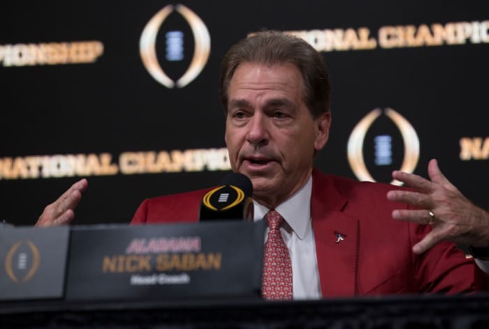 University of Alabama head coach Nick Saban talks during the College Football Playoff National Championship Coaches Press Conference.