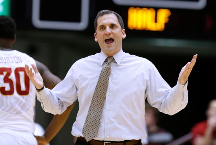 Head coach Steve Prohm of the Iowa State Cyclones argues a call with the referee in the first half of play against the Texas Tech Red Raiders at Hilton Coliseum.