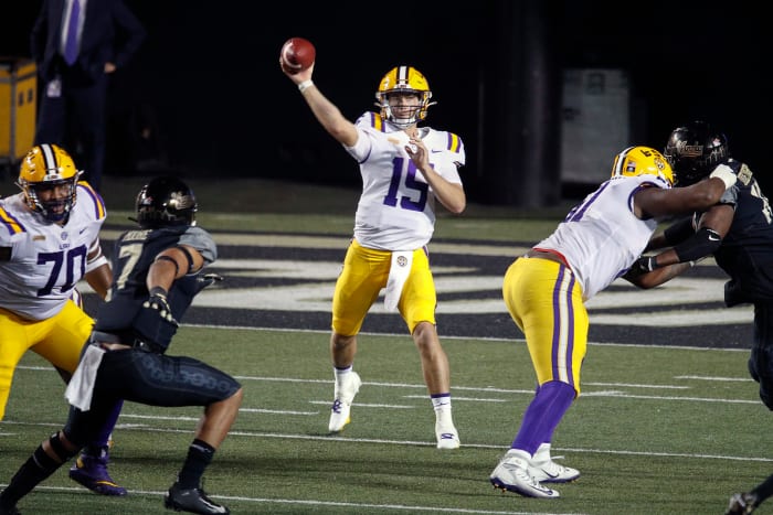 LSU football starting quarterback Myles Brennan throws a pass against Vanderbilt.