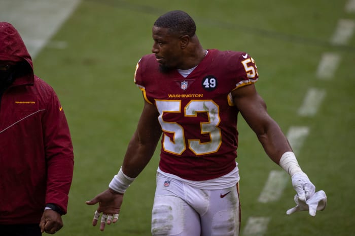 Washington Football Team linebacker Jon Bostic after his hit on Andy Dalton.