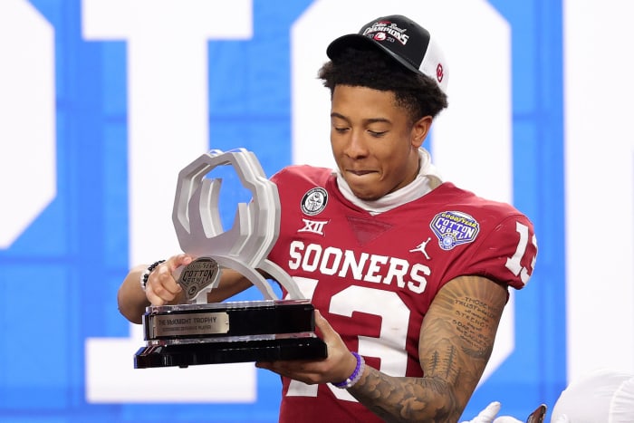 Tre Norwood celebrates the Cotton Bowl win.