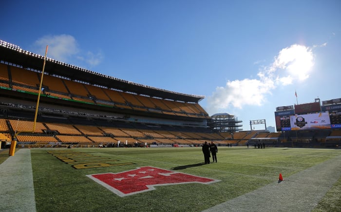 A field level view of the Pittsburgh Steelers stadium.