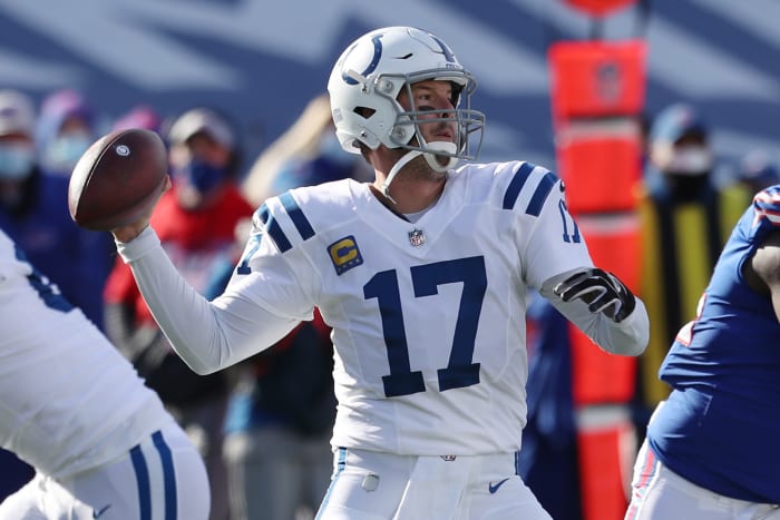 Philip Rivers #17 of the Indianapolis Colts throws a pass during the first half of the AFC Wild Card playoff game against the Buffalo Bills