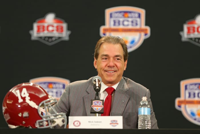 Crimson Tide head coach Nick Saban spreaks with members of the media during the Discover BCS National Championship.
