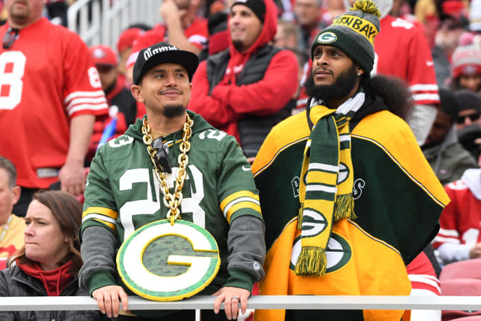 Disappointed Green Bay Packers fans during NFL playoff blowout loss to the San Francisco 49ers.