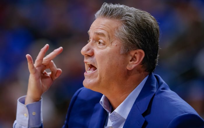 A closeup of John Calipari during a Kentucky game.
