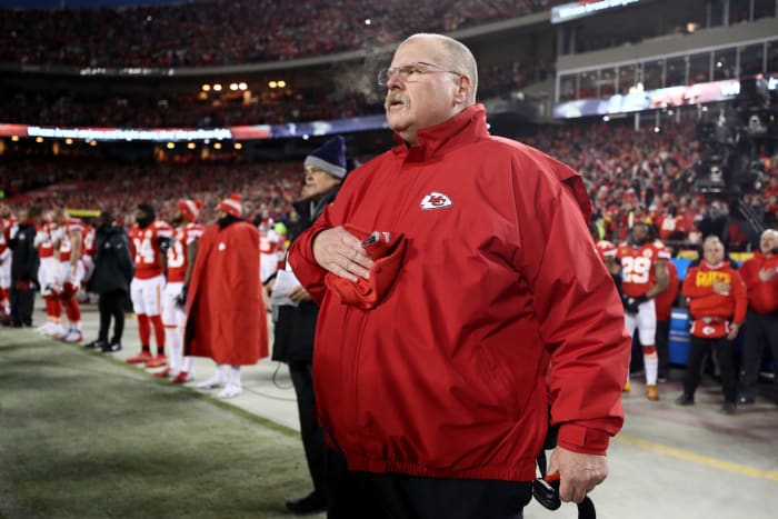 A closeup of Andy Reid wearing a Kansas City Chiefs jacket.