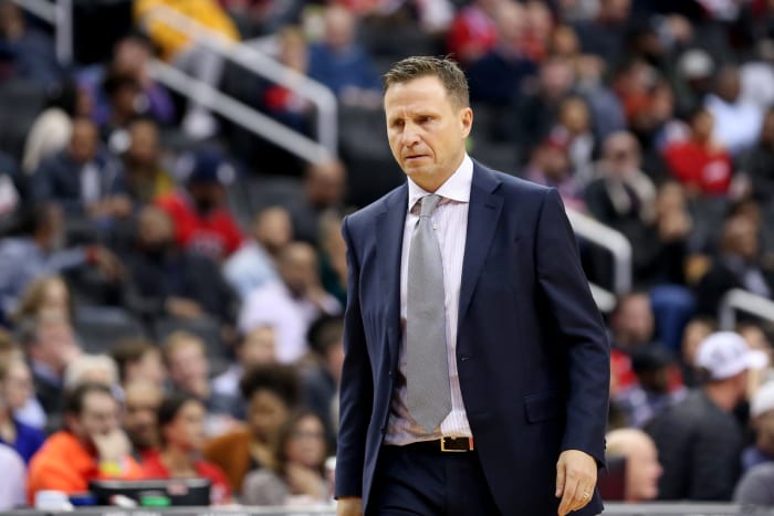A general photo of Scott Brooks taken during a game.