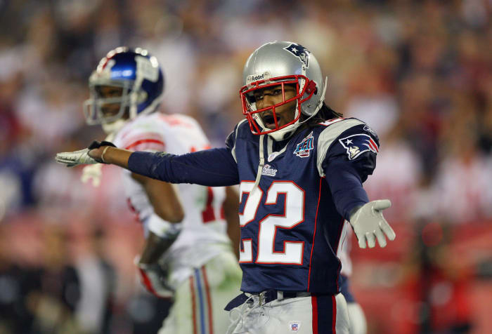 Asante Samuel celebrates a play for the Patriots in the Super Bowl.