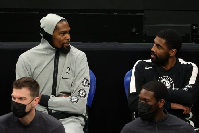 Brooklyn Nets stars Kevin Durant and Kyrie Irving on Friday night in Boston.